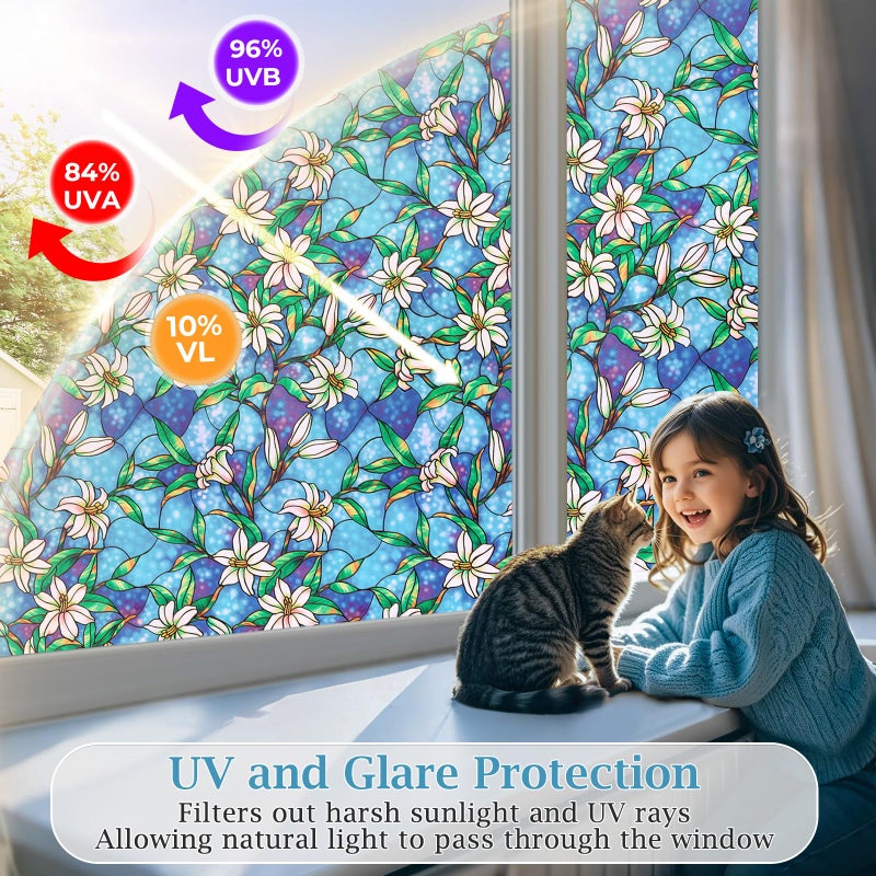 Coavas Decorative Window Privacy Film, Heat Control Sun Blocking Stained Glass Window Film, Floral Design Static Cling, Non Adhesive Windows Tint for Bathroom Front Door (Vinyl, 23.6" x 157.4 ") - Image 3
